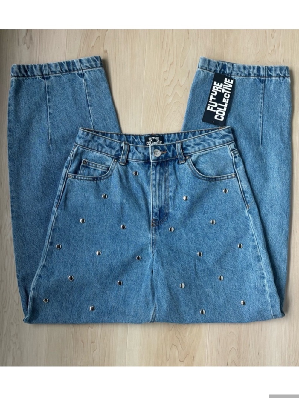 Future Collective High Rise Barrel Leg Studded Denim Jeans Size 12 NWT